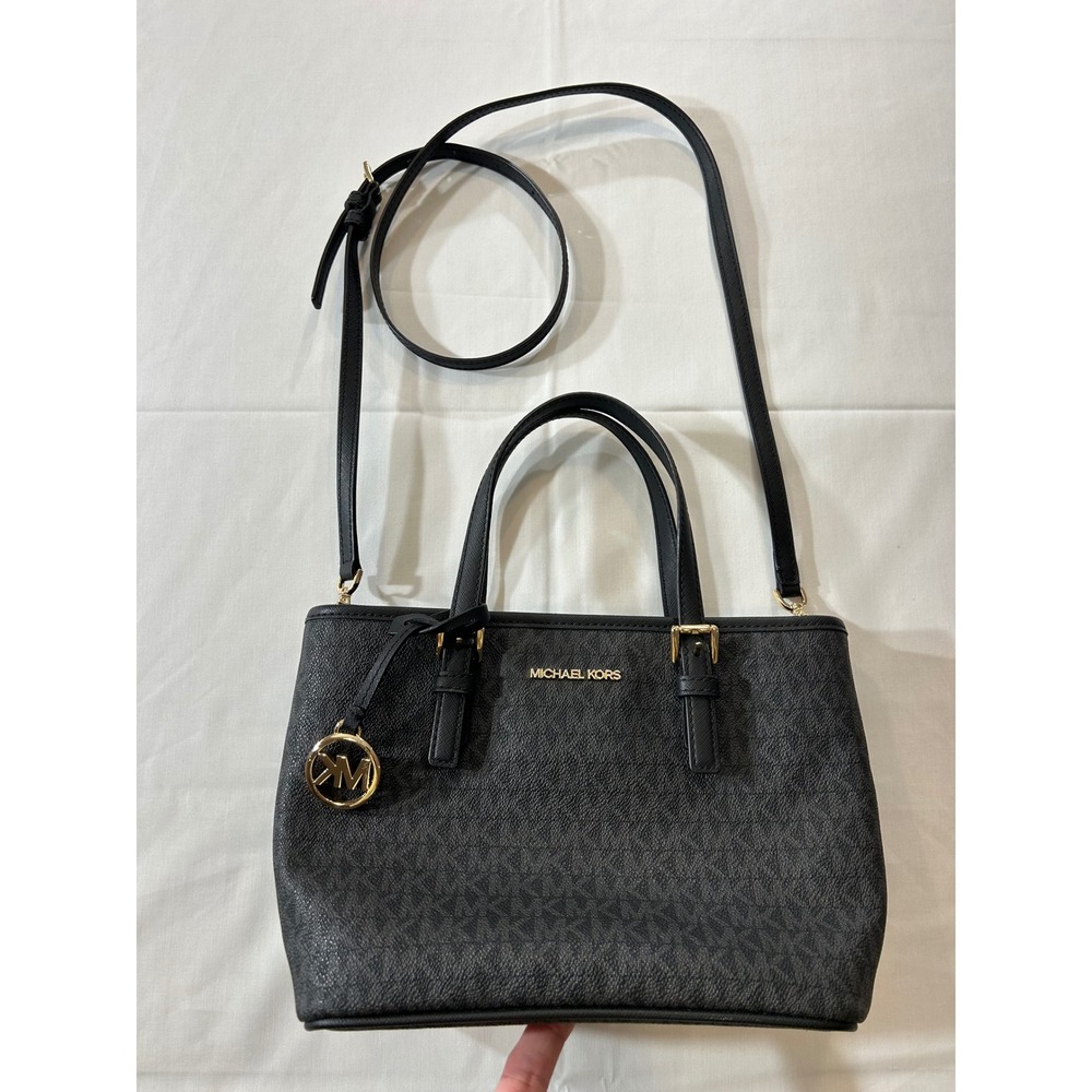 Michael Kors Charlotte Small Top Zip Tote Black Signature Logo Crossbody Bag
